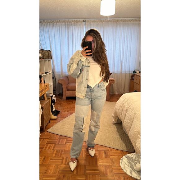 Levi's 501 Blue 100% Cotton Denim Patchwork Freehand Folk Jeans Size W 32 L 30 - Picture 15 of 16